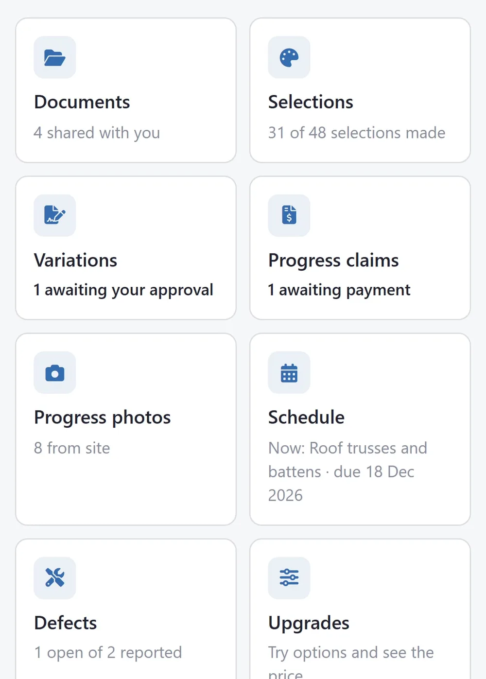 The client portal open in a phone browser: eight cards down the screen — documents shared, selections made, a variation awaiting approval, a claim awaiting payment, progress photos, where the schedule is up to, defects, and upgrades.