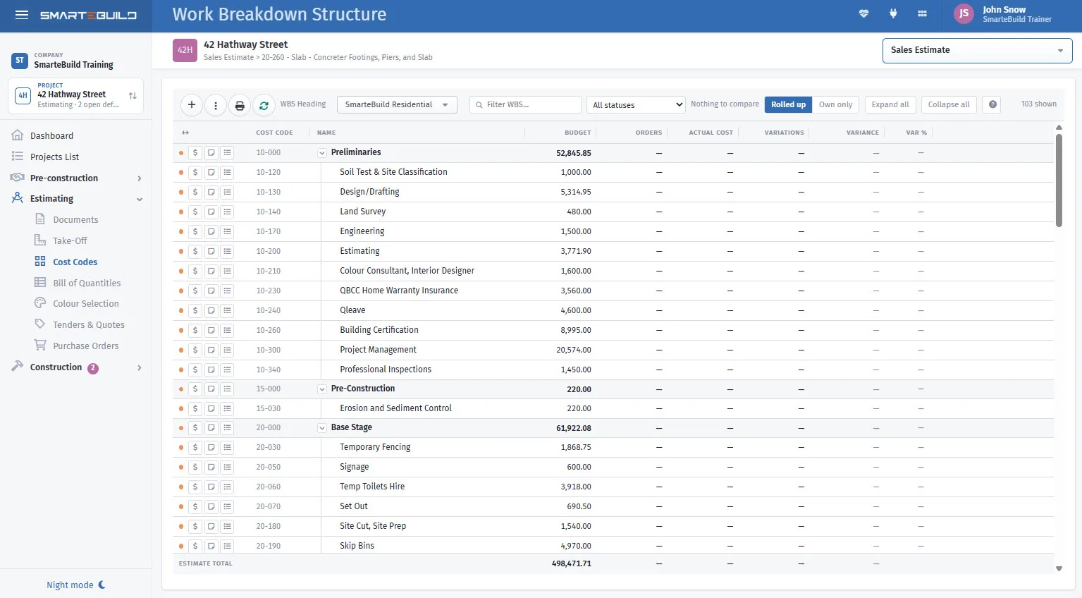 The cost code structure in SmarteBuild, listing trades with their codes.