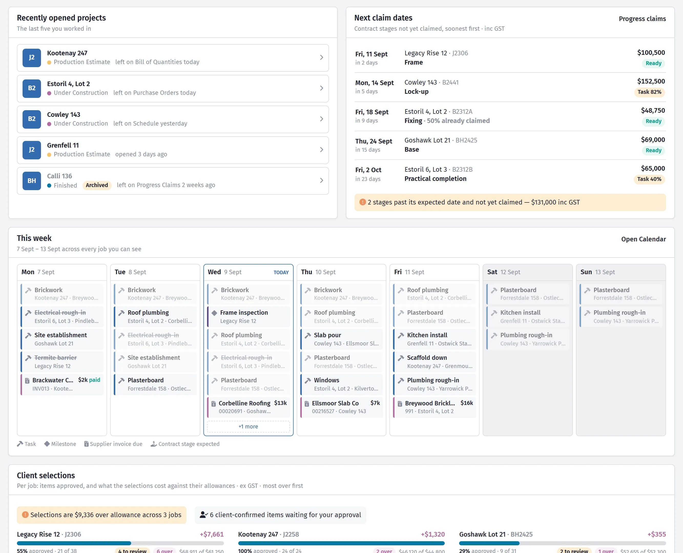 The SmarteBuild dashboard: recently opened jobs, the next claim dates with what is ready and what is overdue, this week's work across every job, and client selections against their allowances.