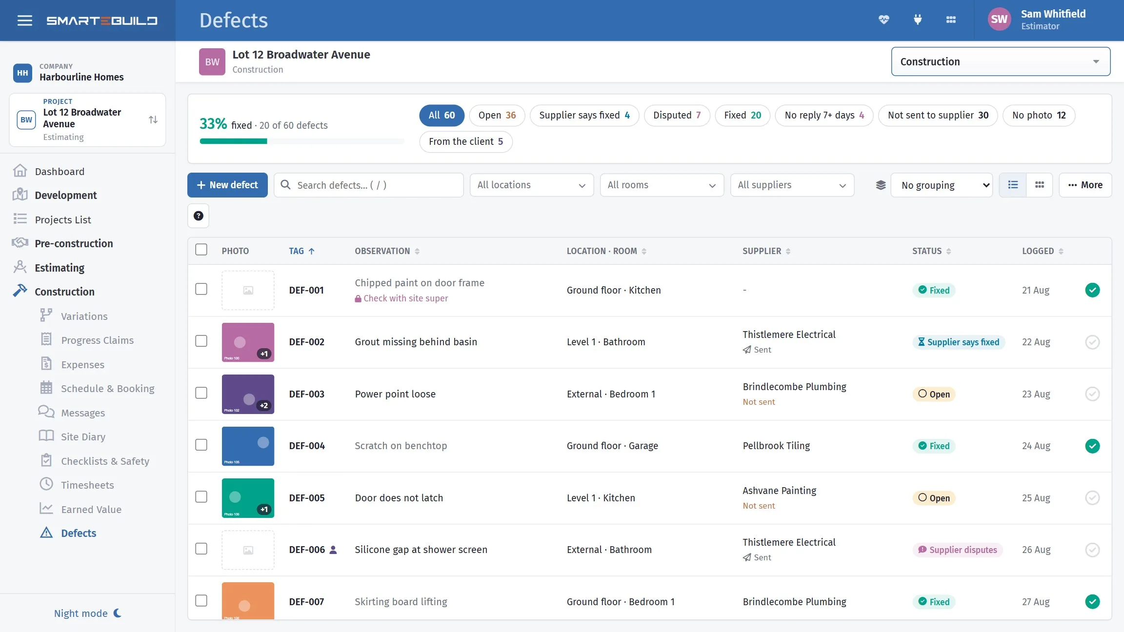 The defects list for a job: status chips across the top, and every defect with its photo, location, supplier and status.