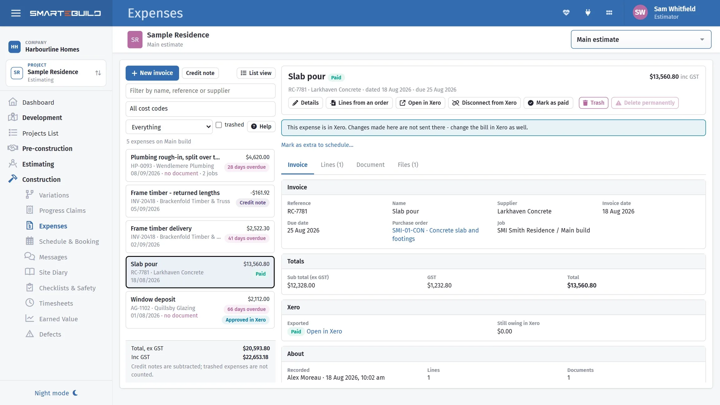 A single expense record showing the supplier, invoice number, amount and the order it is matched to.