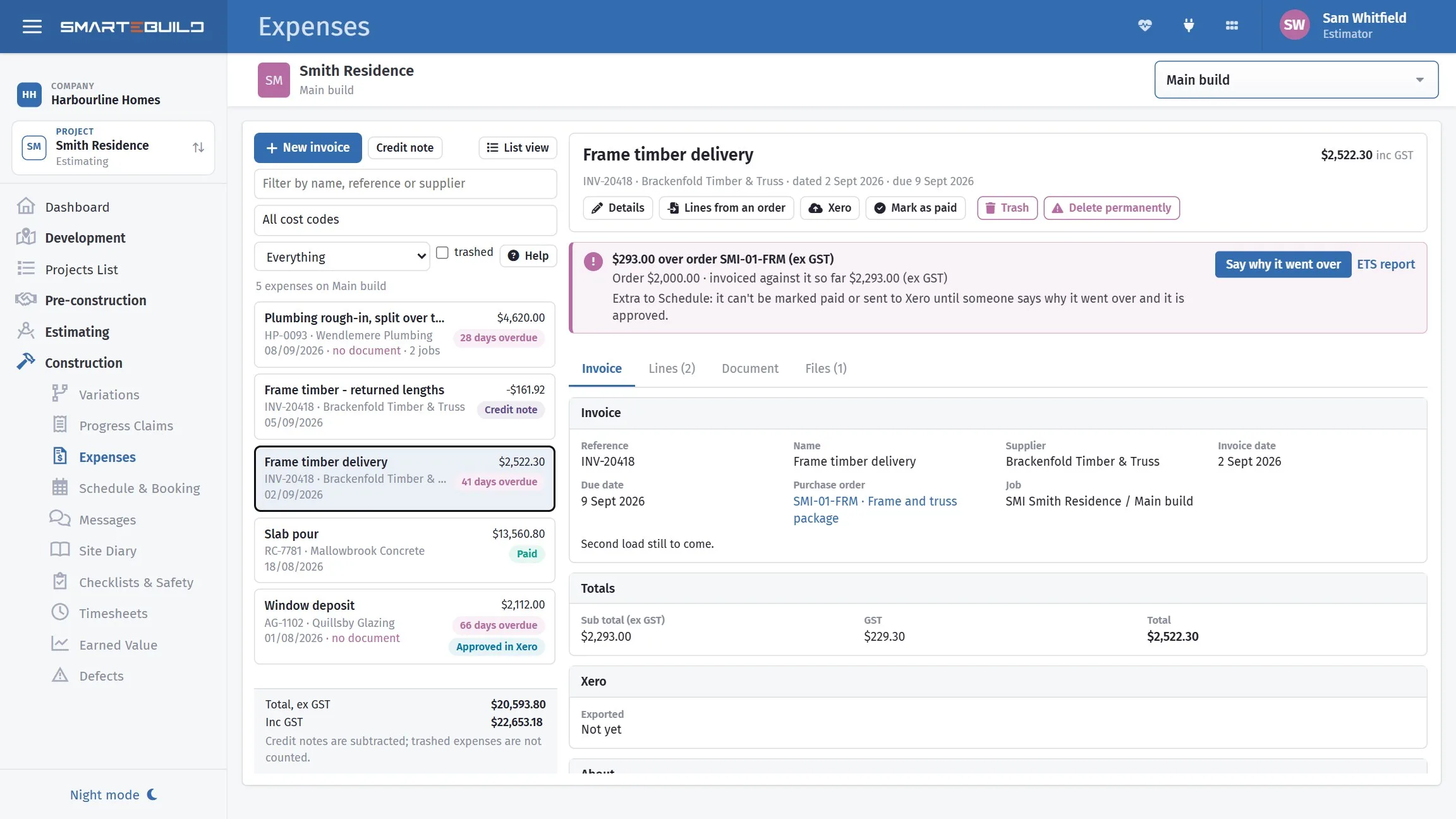 An invoice open against the purchase order it belongs to, with its job, GST split and Xero status.