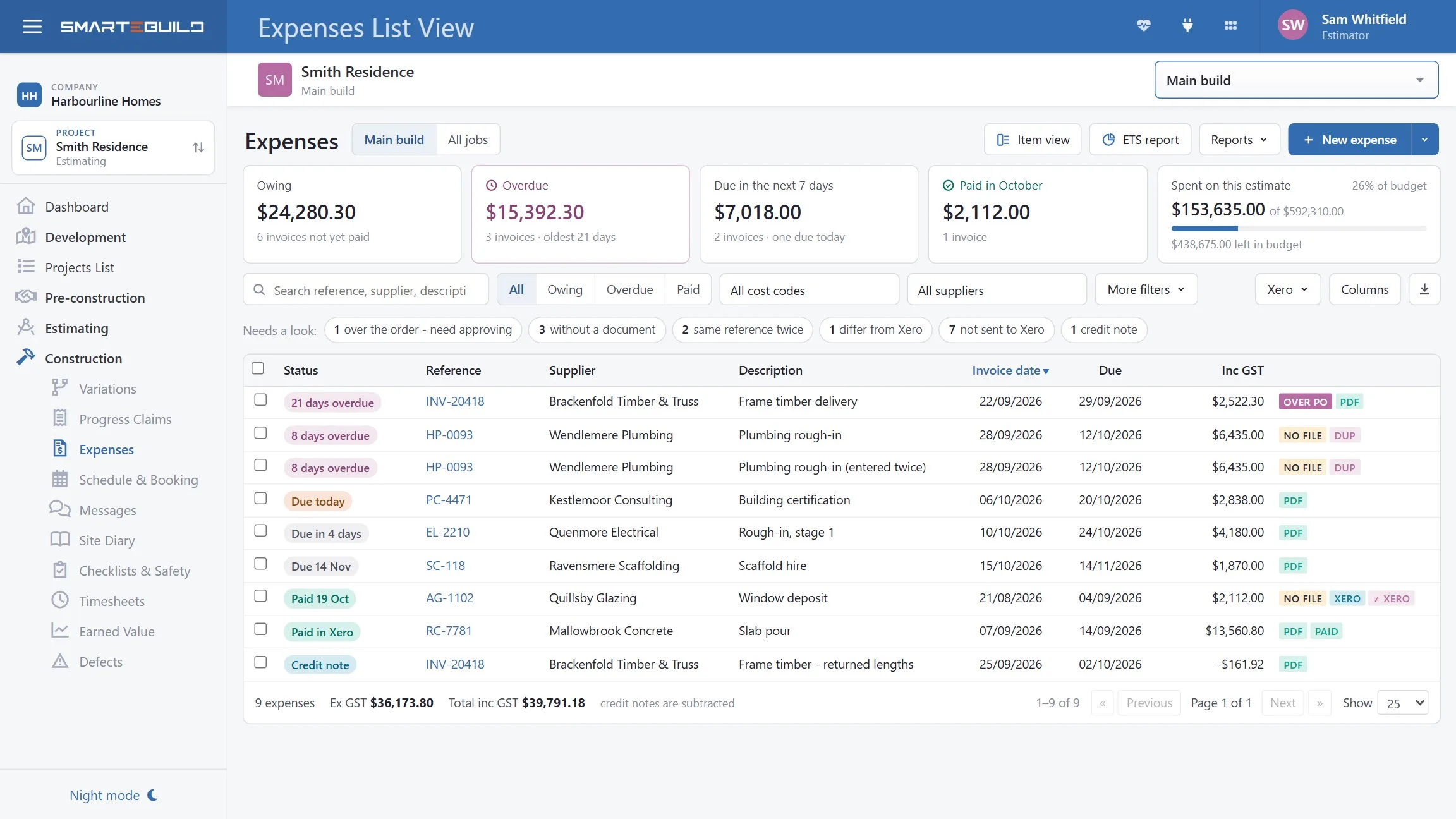The expenses register for a job: what is owing, overdue and paid, with each supplier invoice, its due date and its Xero state.