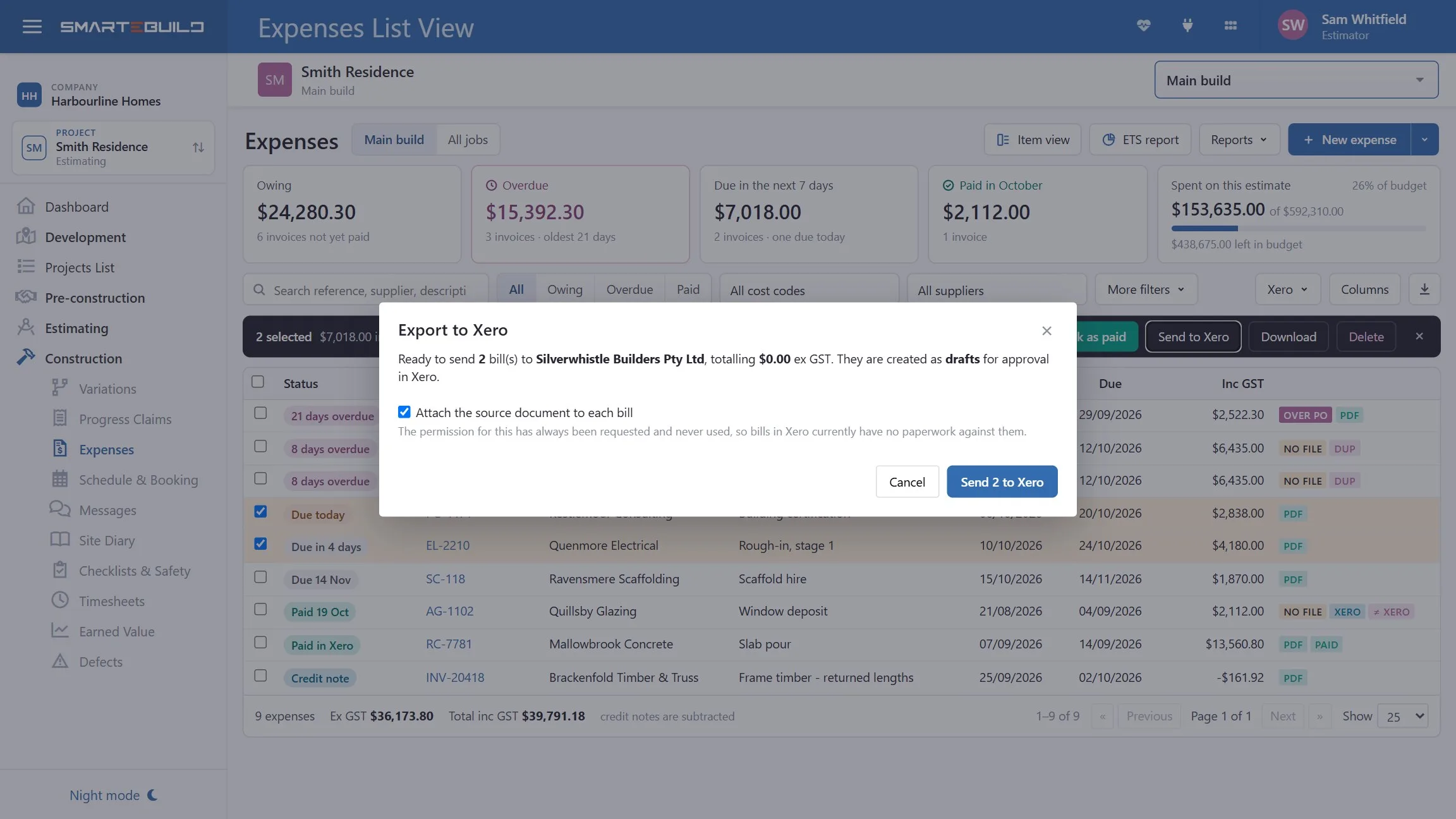 Expenses being exported to Xero from SmarteBuild.