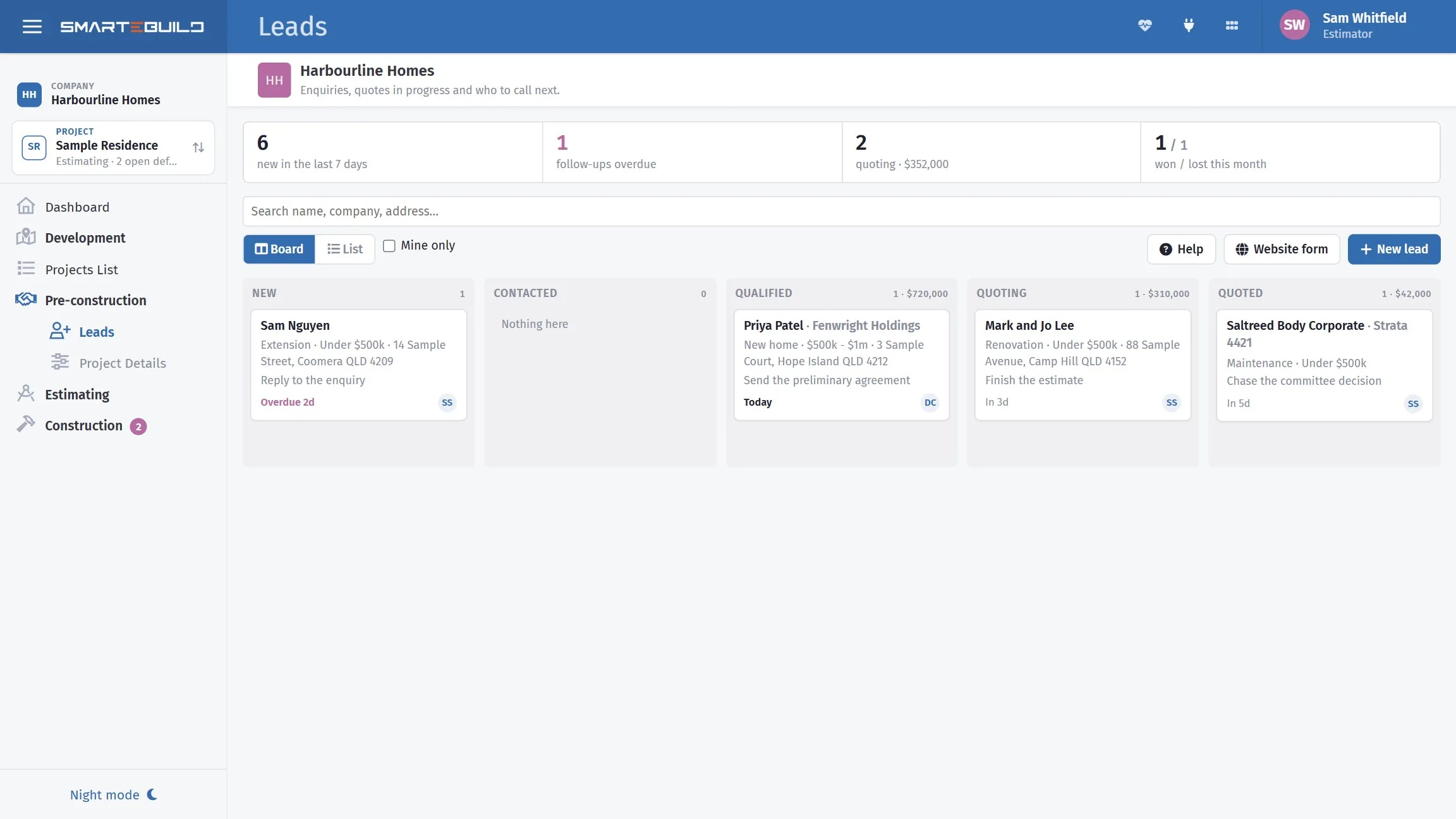 The leads board: new, contacted, qualified, quoting and quoted, each with its value and next action.