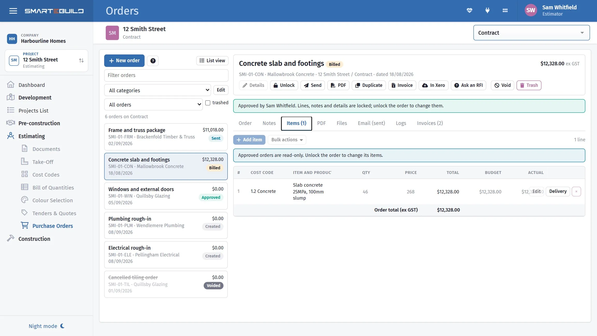 A purchase order with its lines, supplier and total