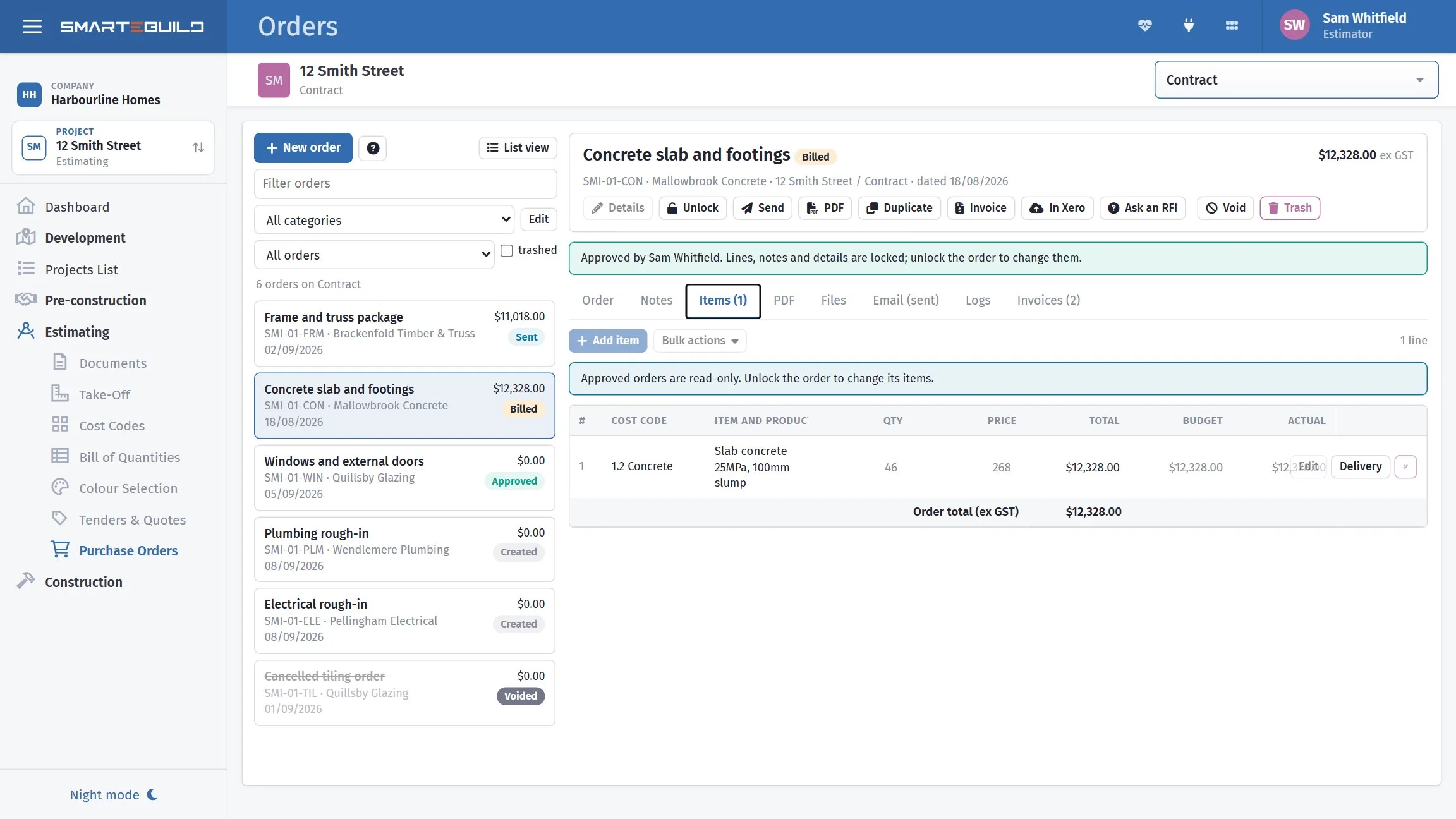 A single purchase order showing its lines, supplier, delivery address and total.