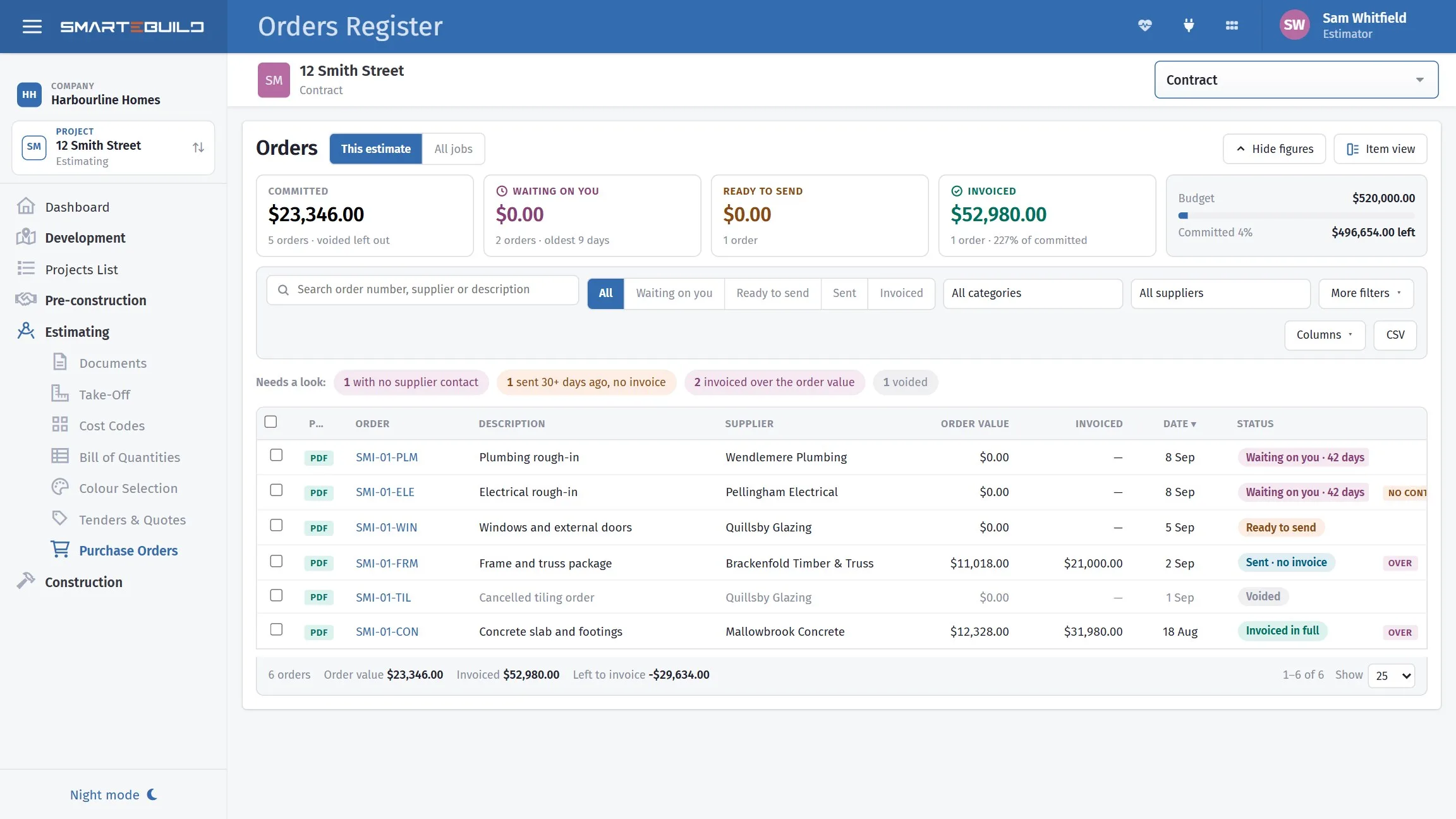 The orders register: committed, waiting on you, ready to send and invoiced, with every order and its status.