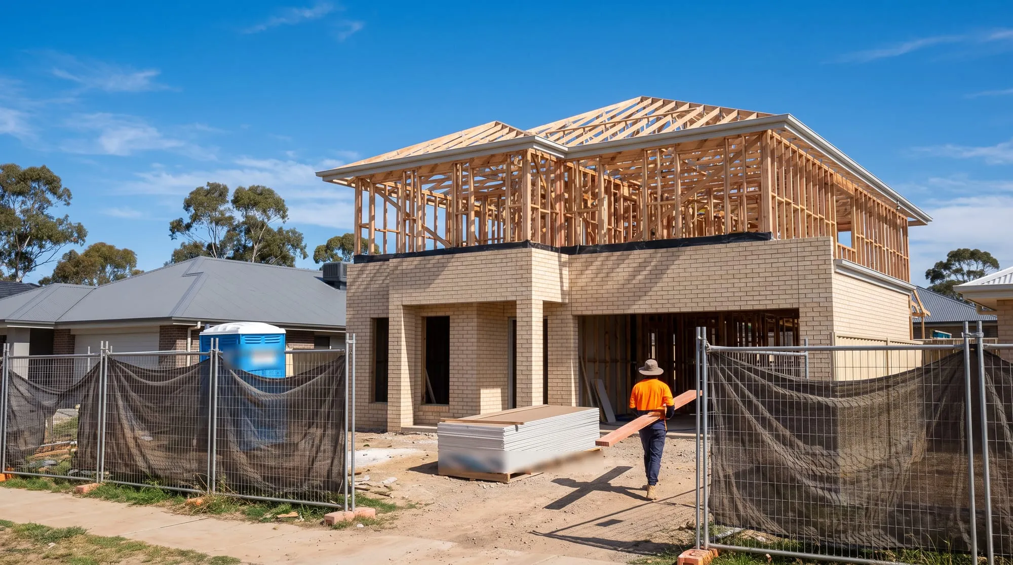 A two-storey house going up in a new Australian estate: blond brick on the ground floor, the upper timber frame and roof trusses standing, site fencing at the front and a carpenter carrying timber past a stack of plasterboard.