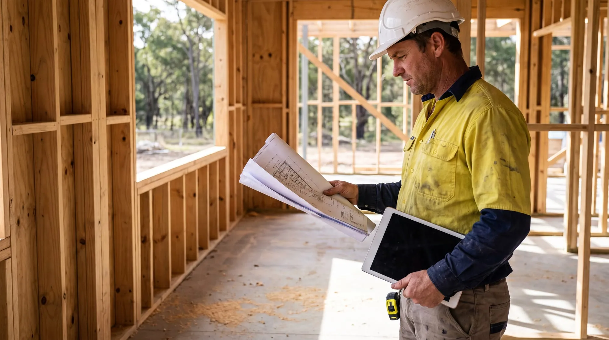 A site supervisor in a hard hat and hi-vis checks the timber frame against the drawings, a tablet under his arm.