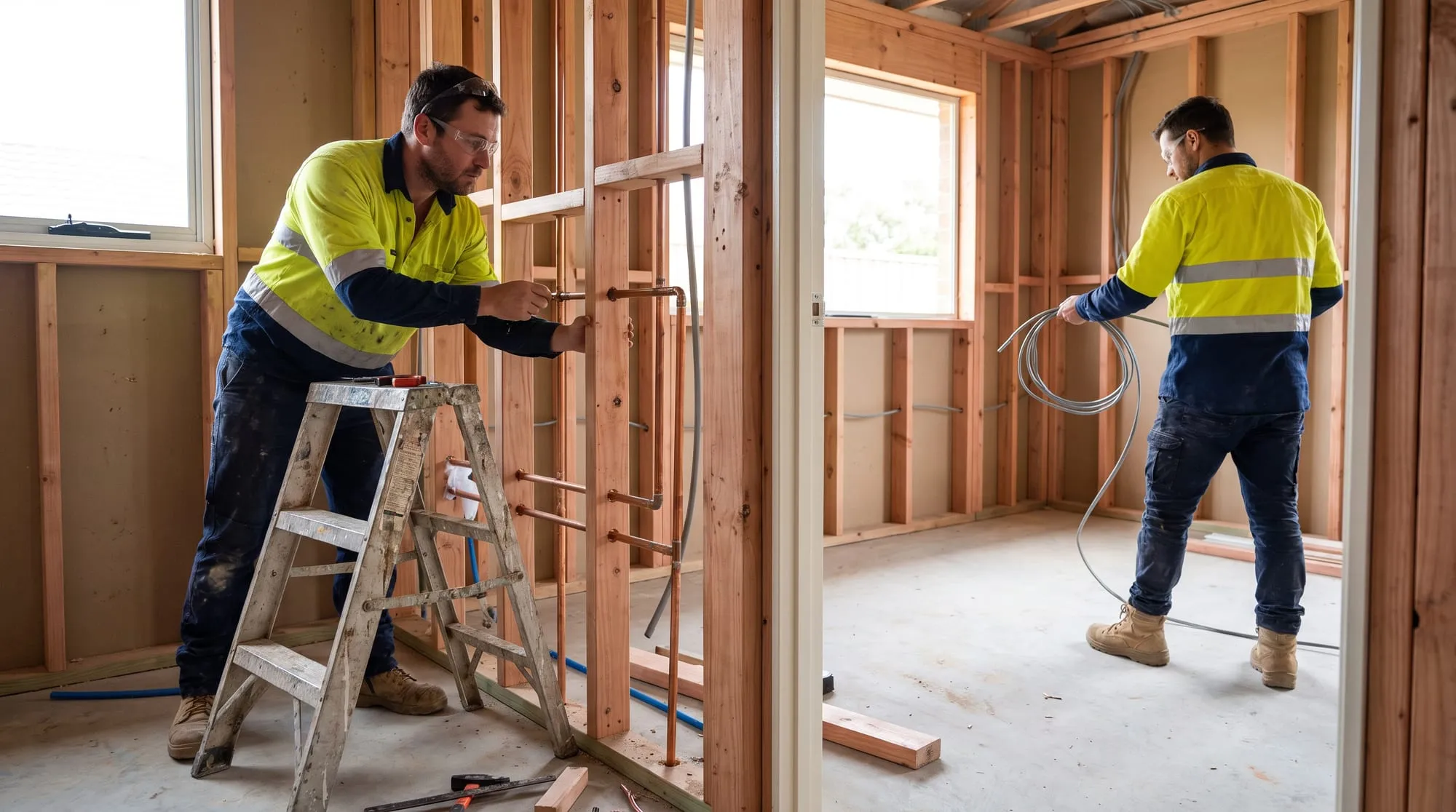 A plumber on a step ladder fixing copper pipe through the studs of a bathroom, and an electrician pulling cable through the frame in the next room.