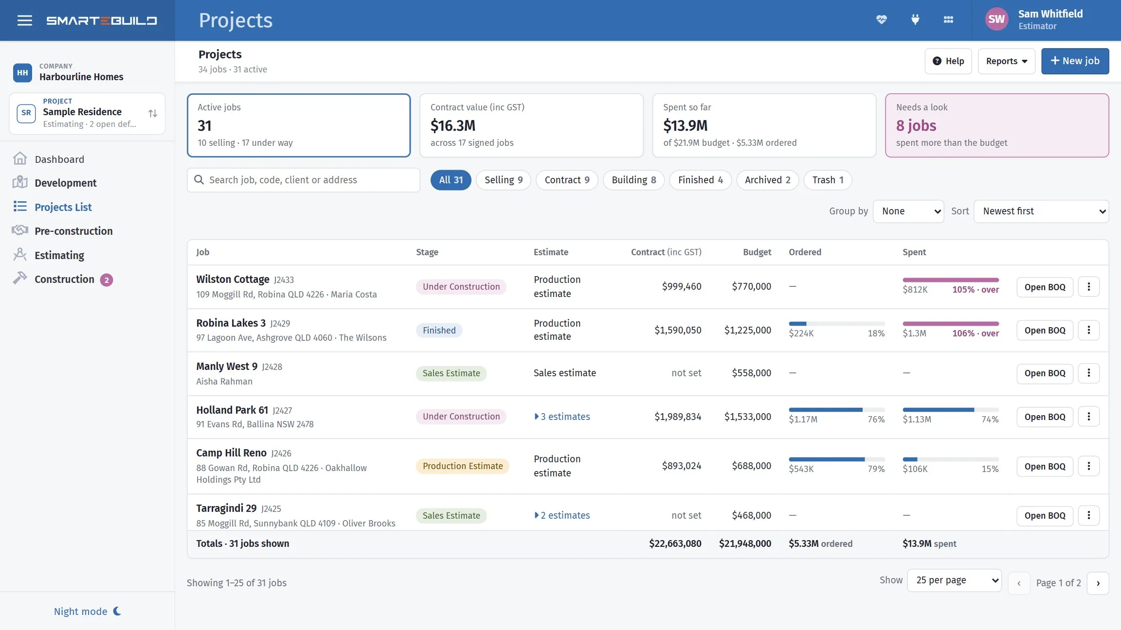 The projects list: one row per job with its stage, contract value, and bars for what has been ordered and spent against the budget.
