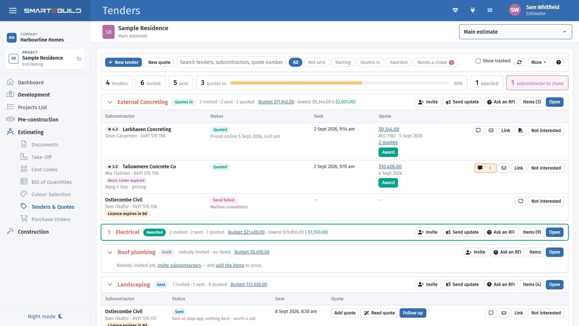 The quotes received list for a job, showing supplier, trade, total and status.