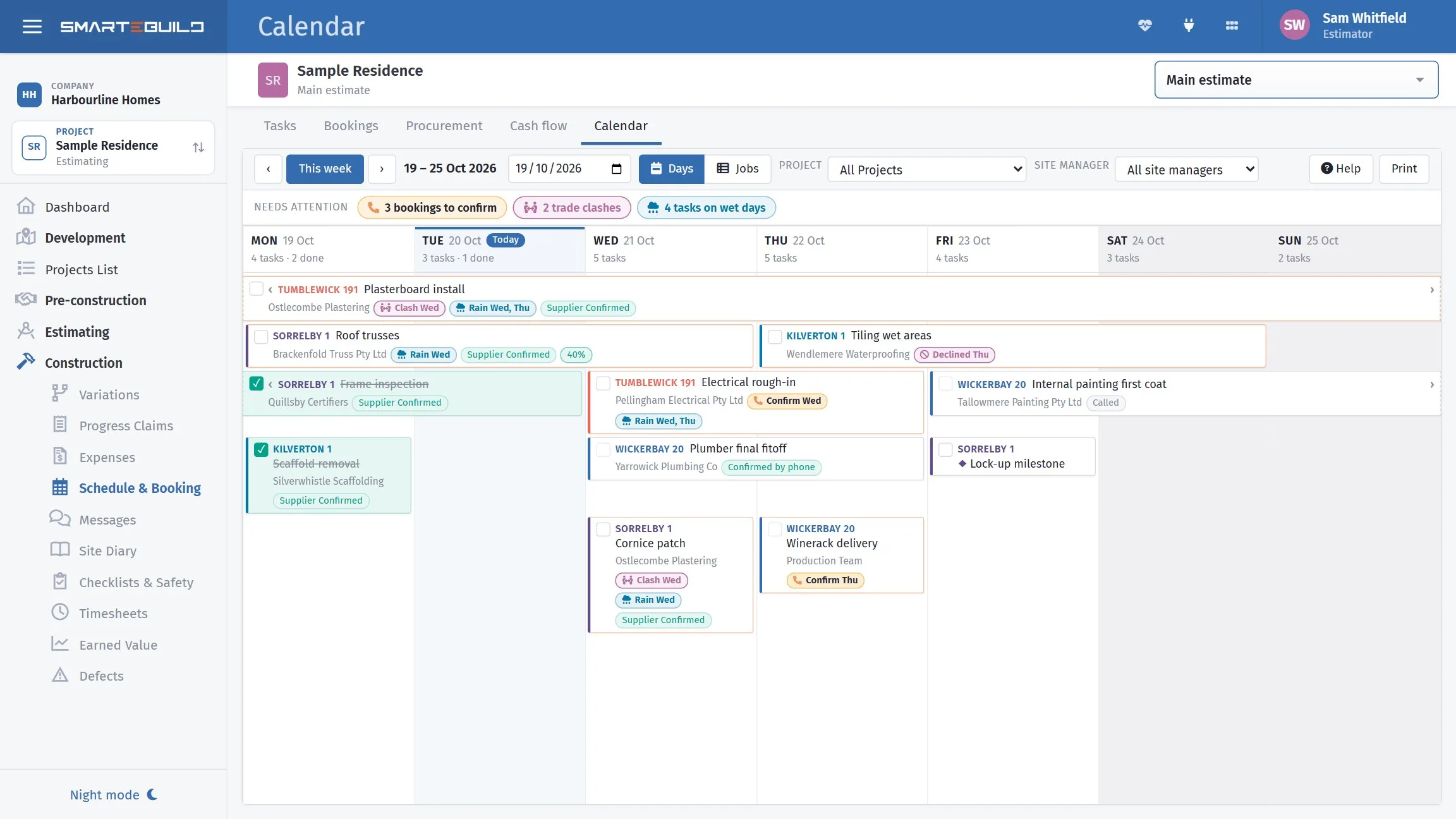 The calendar view showing what is happening on which day.