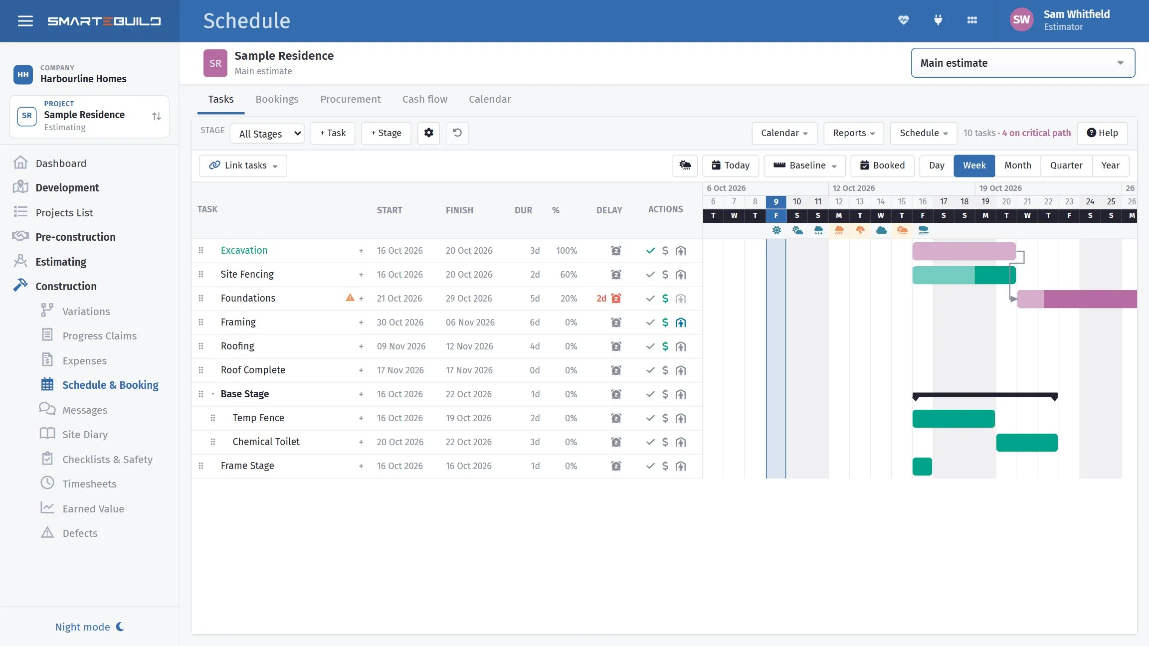 A building programme in SmarteBuild: ten tasks with their start, finish, duration and percent complete, the Link tasks button above the chart, dependency arrows running between the bars, and a note that four of the ten tasks are on the critical path