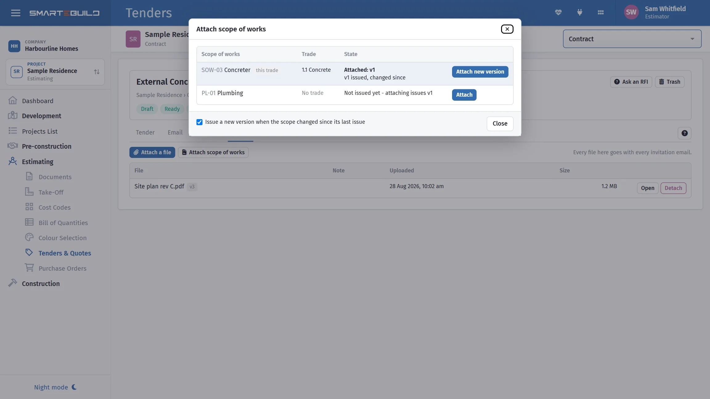 Attach scope of works on a tender's Files tab: the trade's own scope offered first, with a newer version ready to attach in place of the one sent.