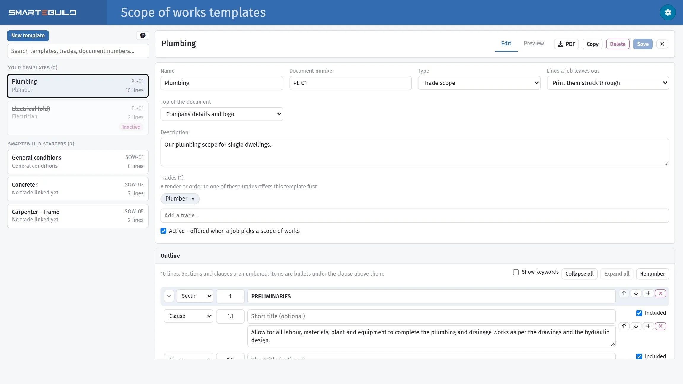 A plumbing scope of works template: name, document number, what heads the page, what happens to lines a job leaves out, the trade it is for, and the numbered outline below.