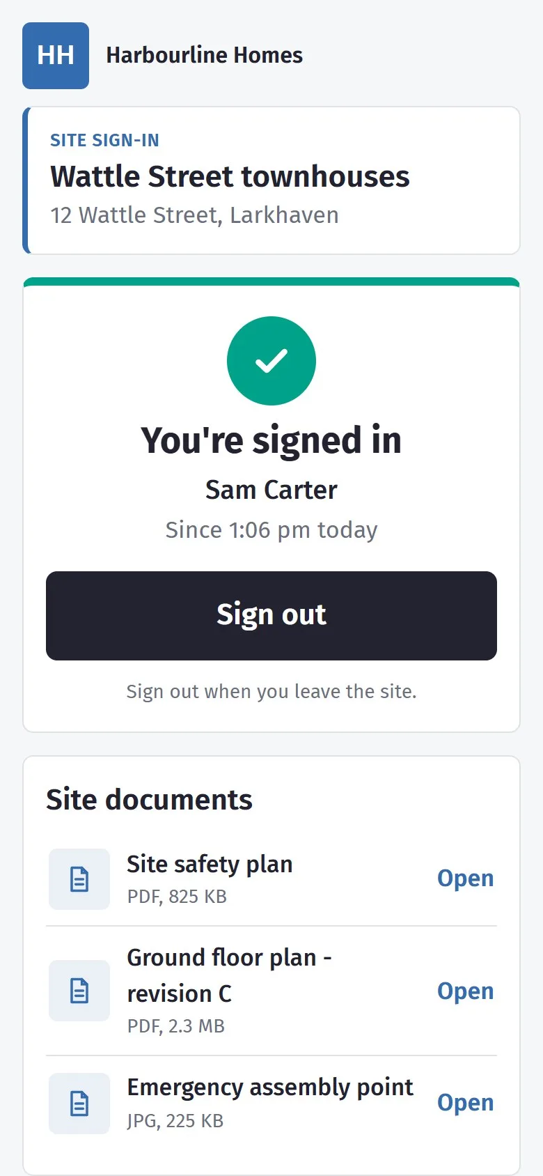 A worker signed in on a phone, with a Sign out button and the site documents shared with them below.