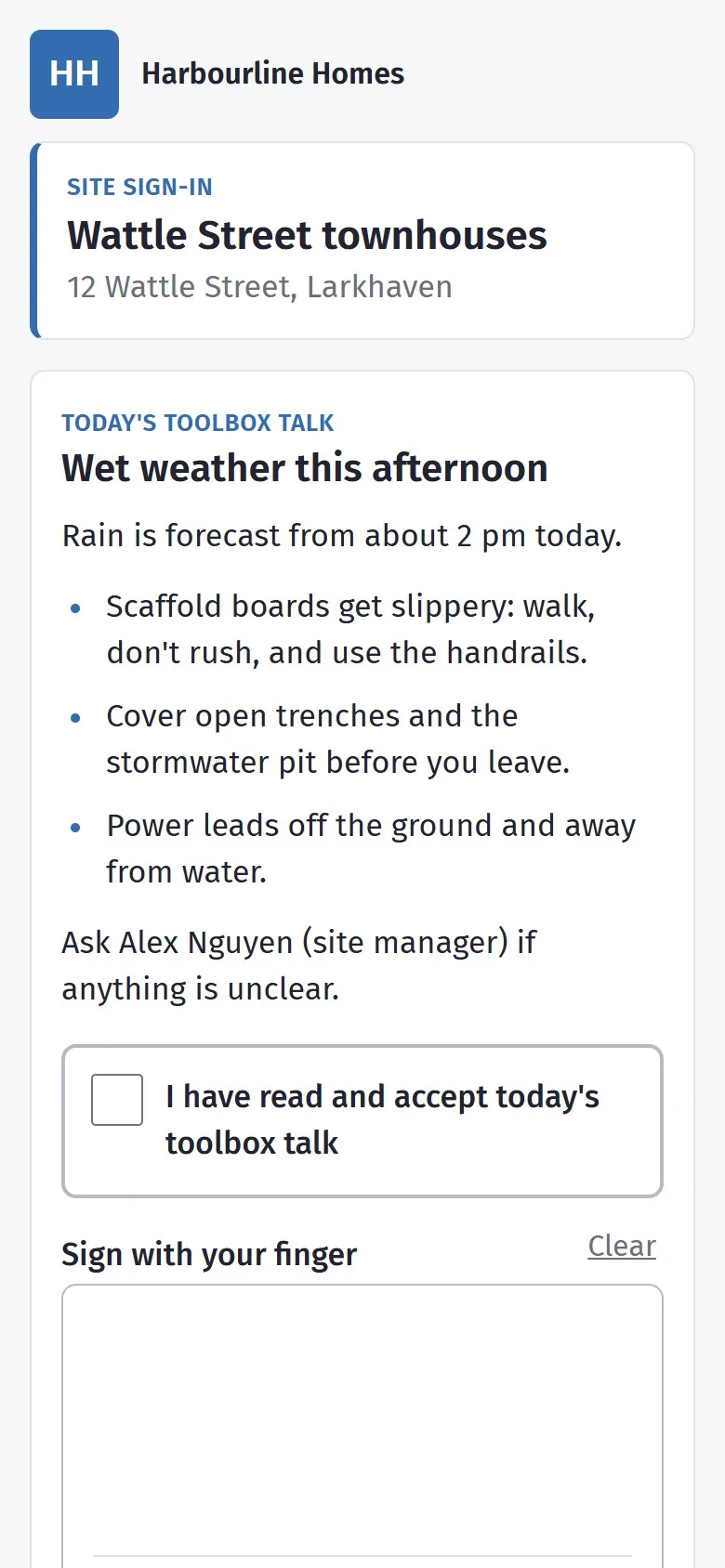 Today’s toolbox talk on a phone — wet weather this afternoon — with a tick box to accept it and a box to sign with a finger.