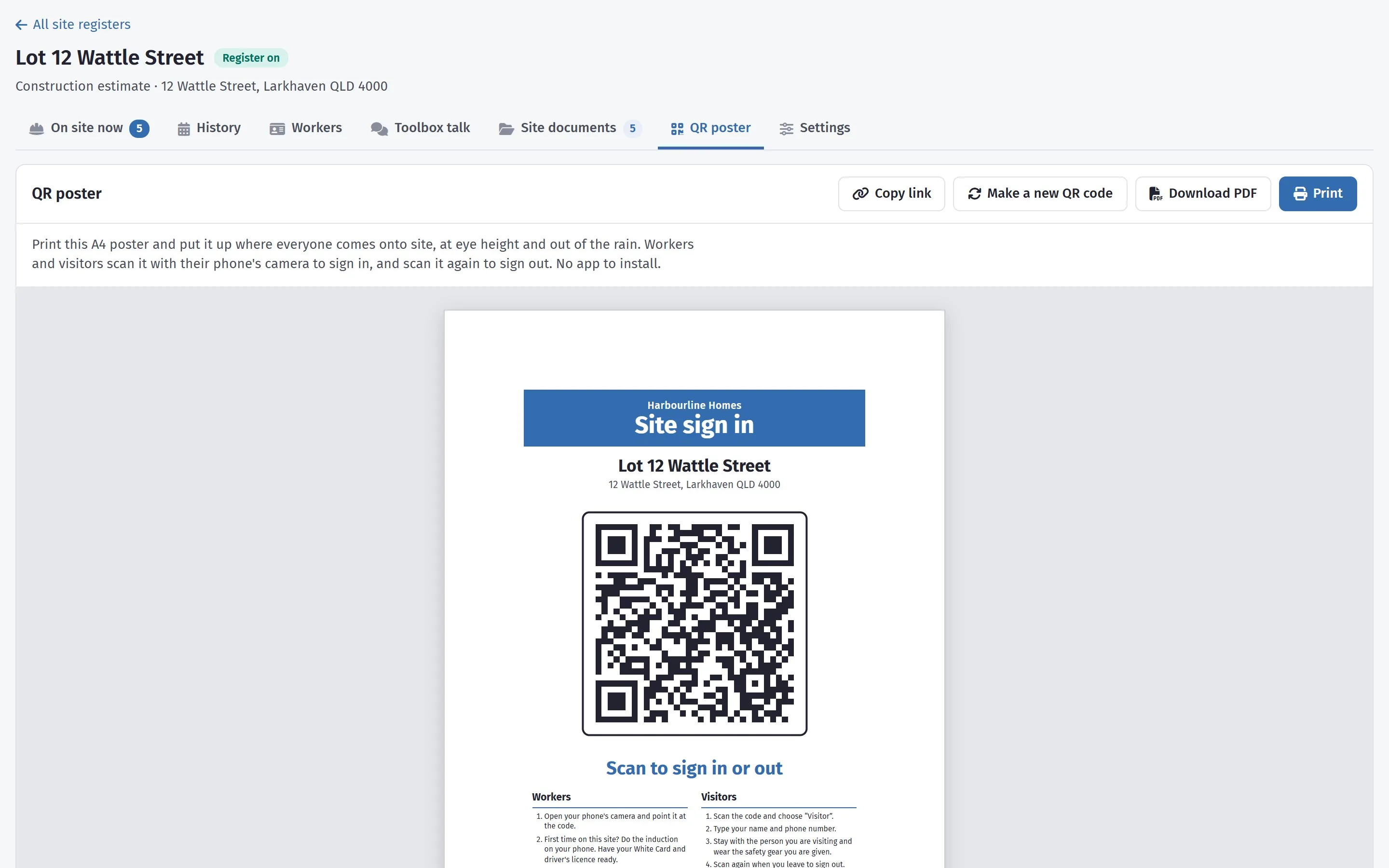 The QR poster tab: an A4 Site sign in poster with the job’s name, address and QR code, and Print, Download PDF and Make a new QR code buttons.