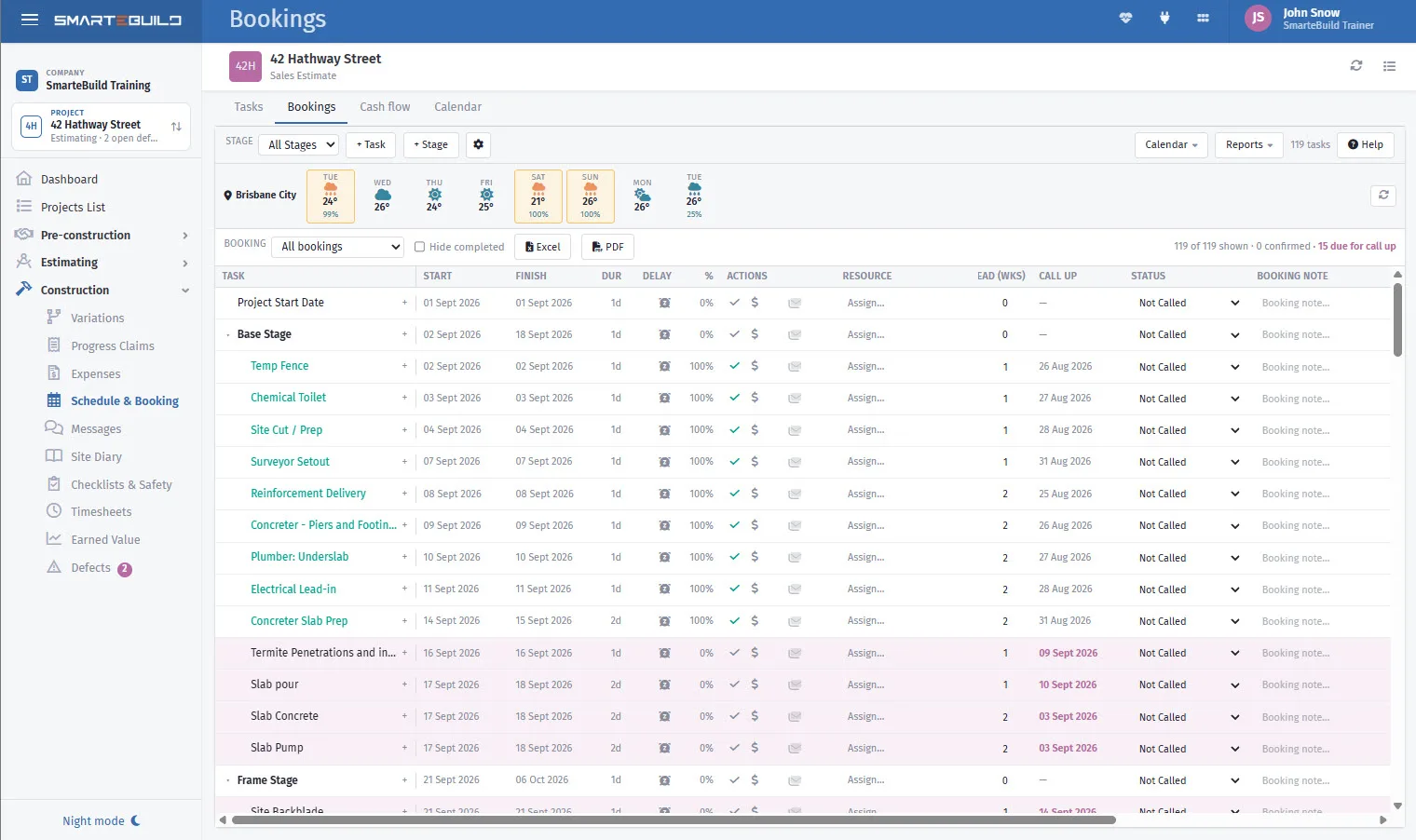 The Bookings view in SmarteBuild: the week's tasks with the trade for each, the notice they need and whether they have confirmed.