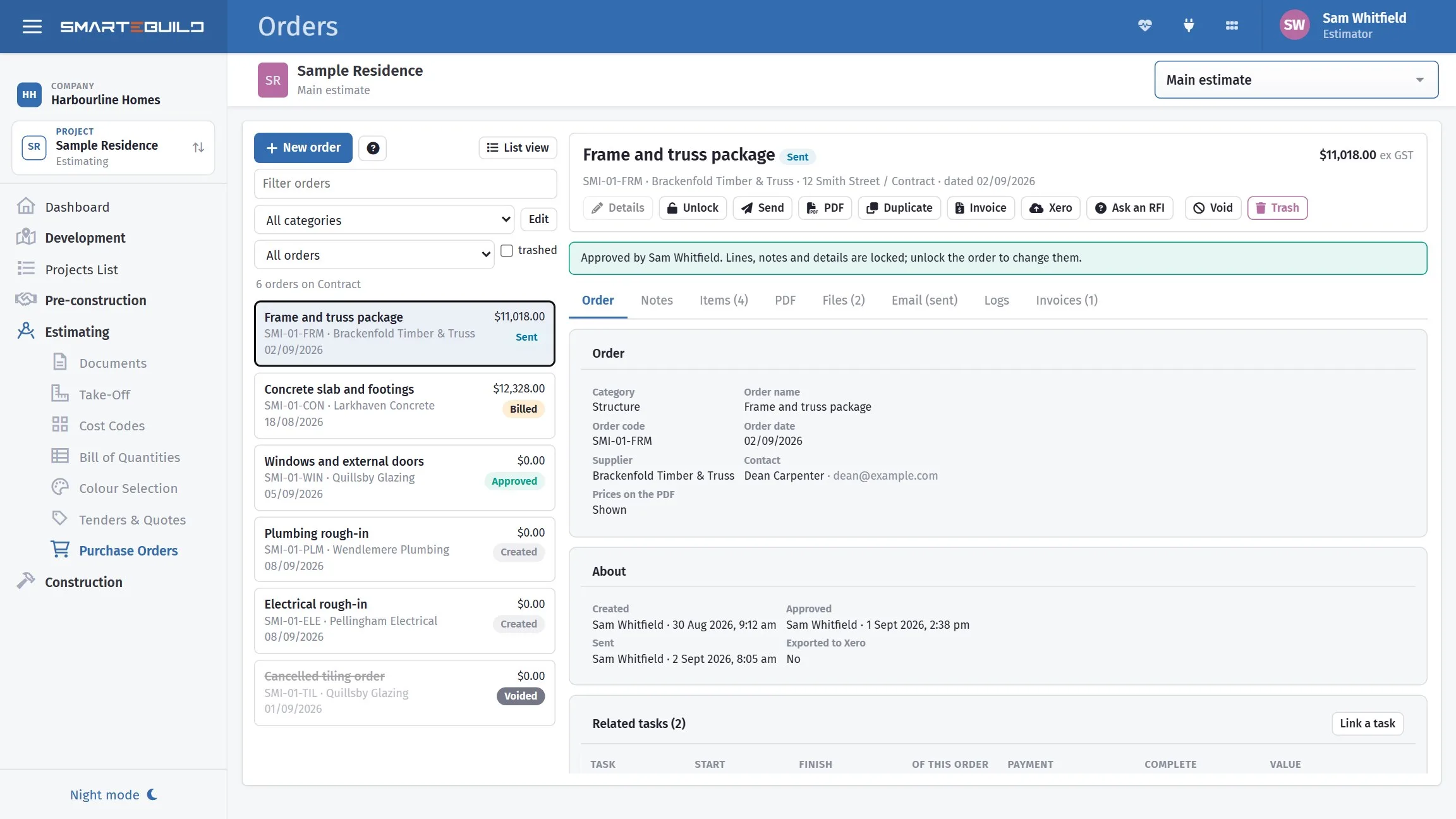 The purchase orders list in SmarteBuild on a desktop browser.