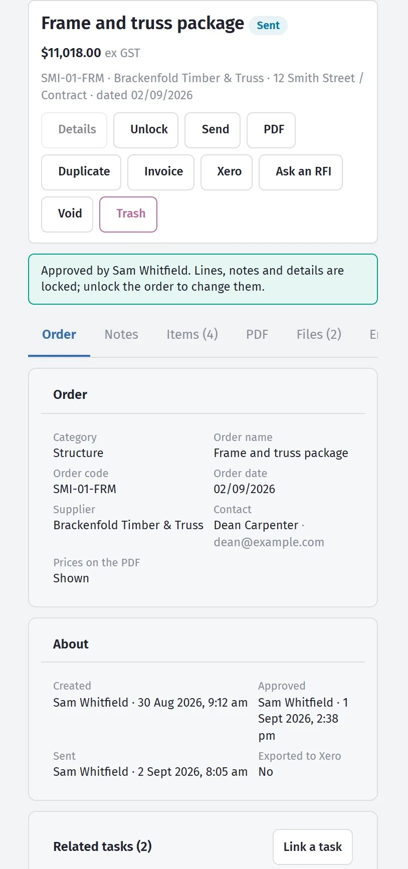 A purchase order open in SmarteBuild on a phone.