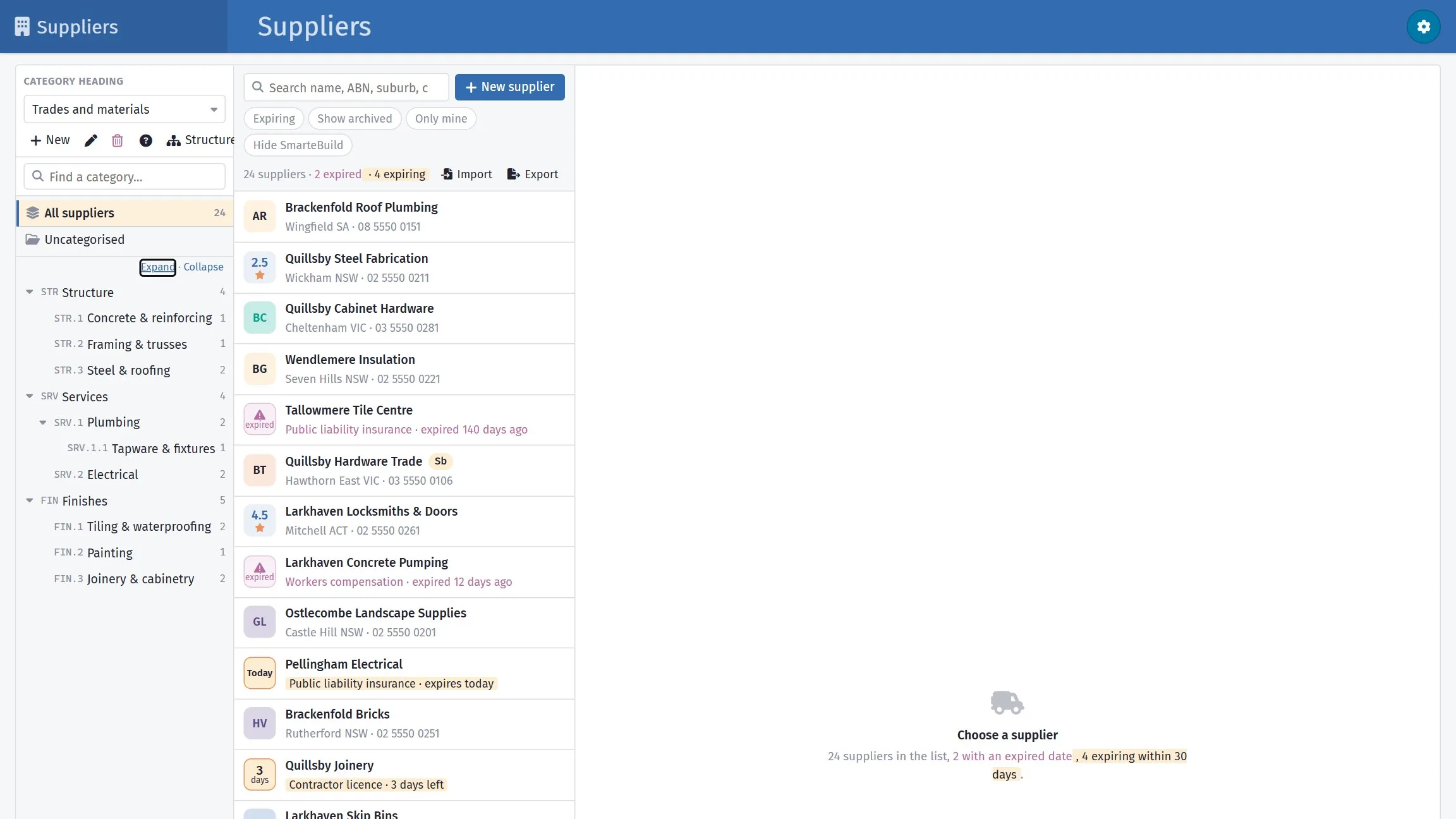 The supplier list in SmarteBuild showing merchants and subcontract trades with their contact details.
