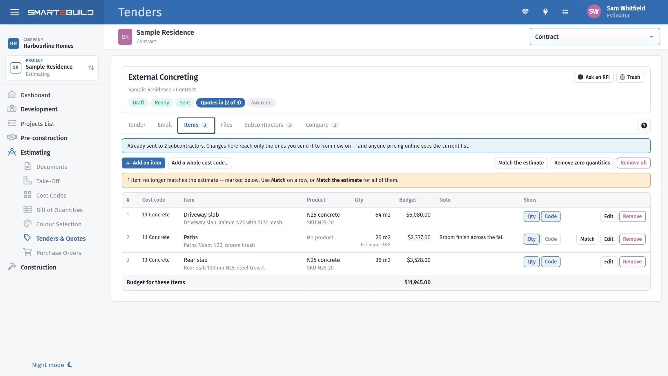A tender package being built from BOQ items, with attachments and recipients.