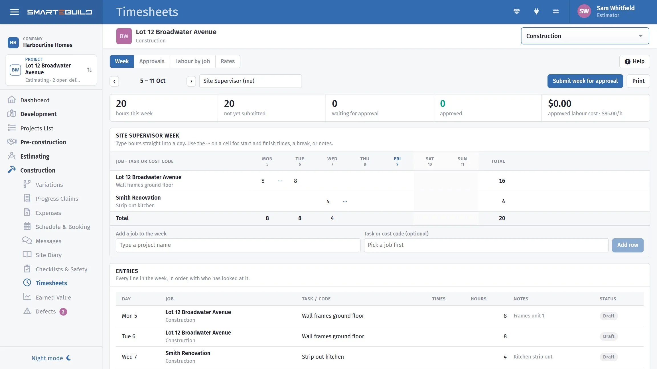 The timesheets page: each person’s hours for the week, the jobs they were worked on, and which are waiting for approval.