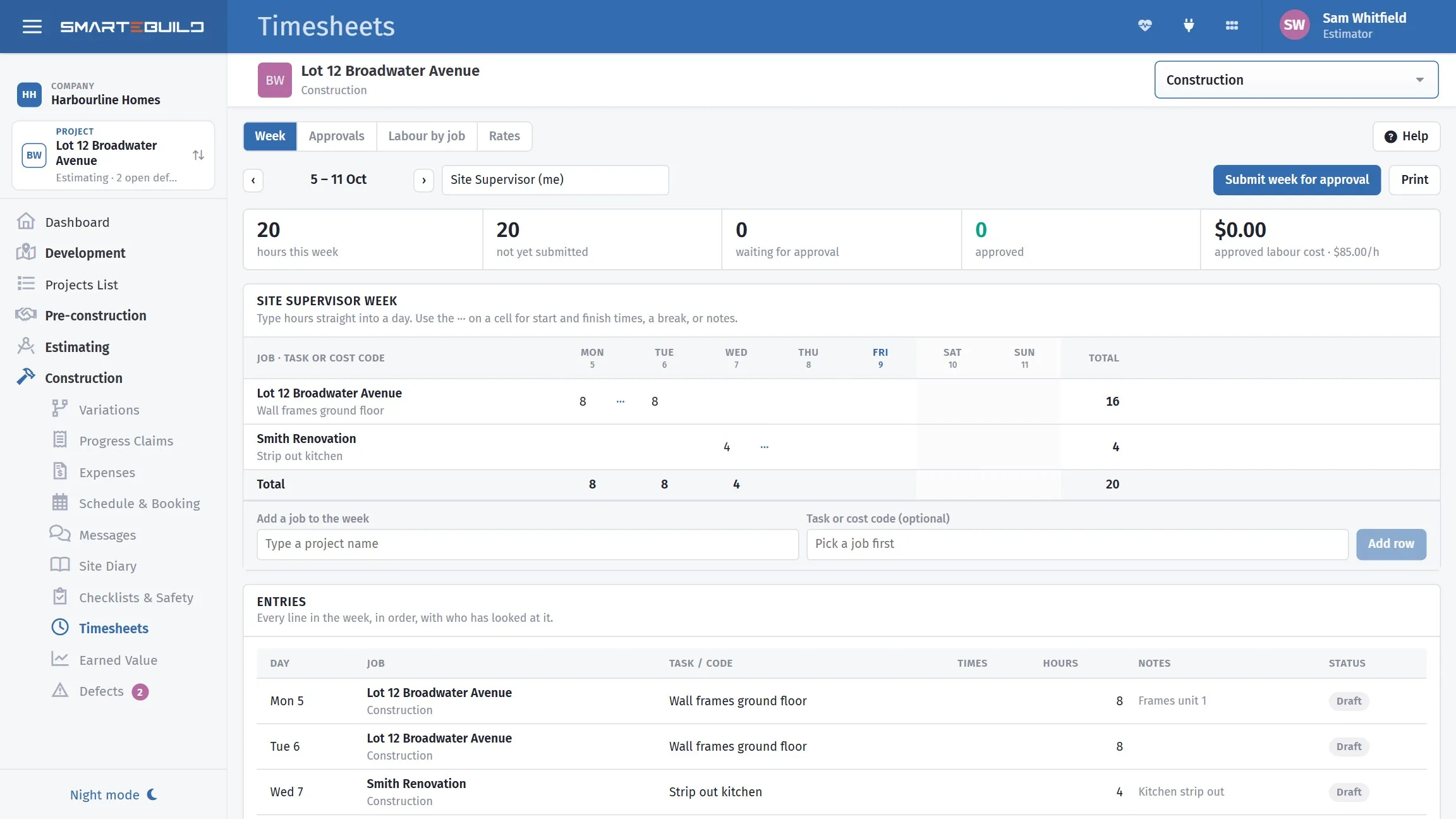 The timesheets week view with several people, their hours by day, and the approval status against each.