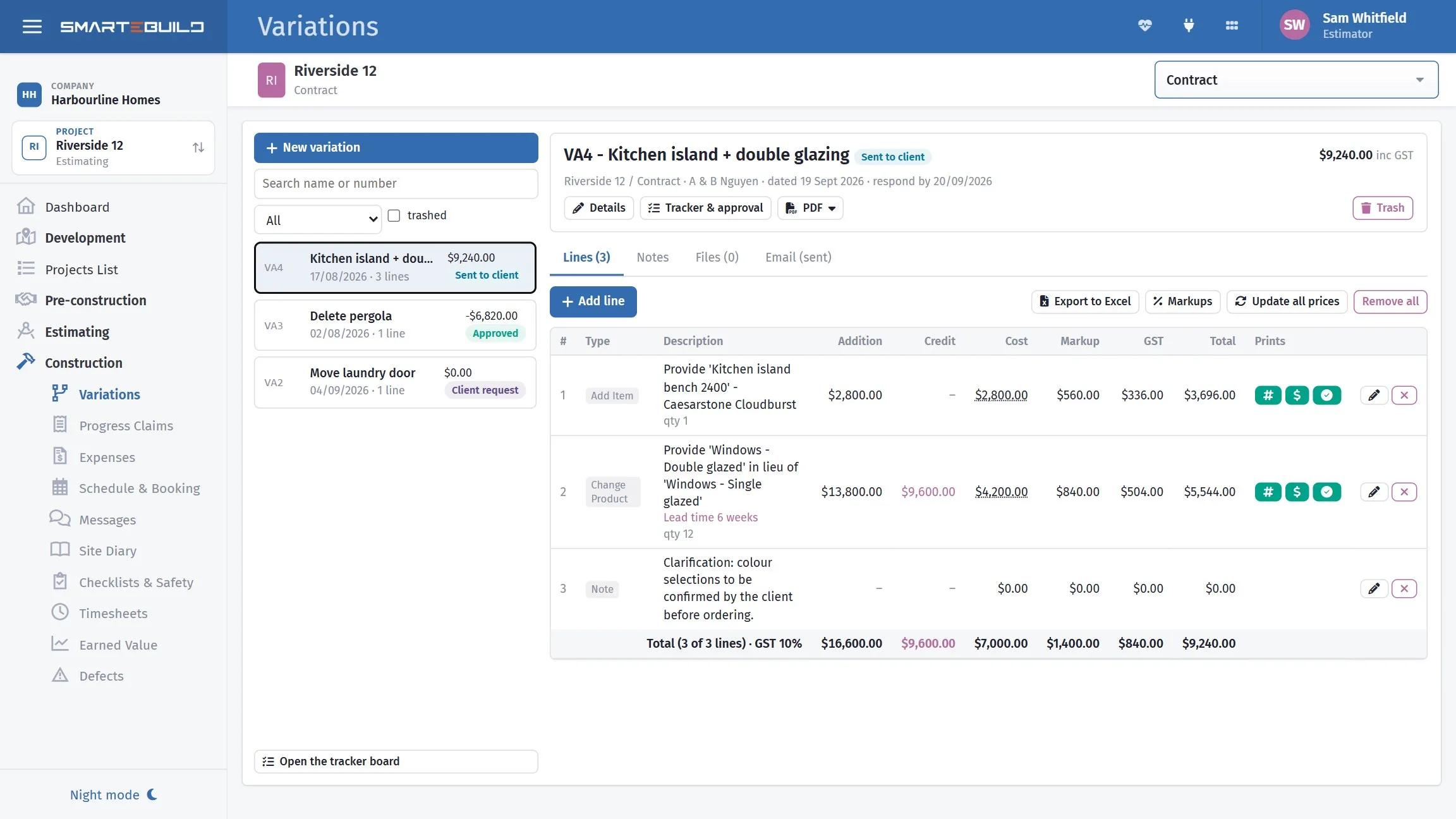 A priced variation in SmarteBuild, showing the change, its items, the total and its approval status.