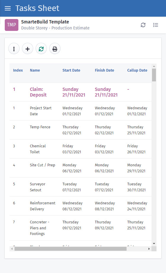 SmarteBuild Schedule Gantt Chart call up mobile