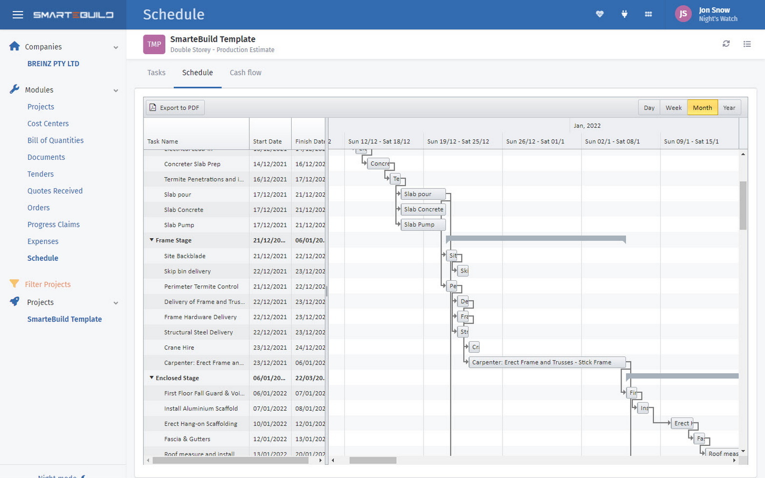 SmarteBuild Schedule Gantt Chart